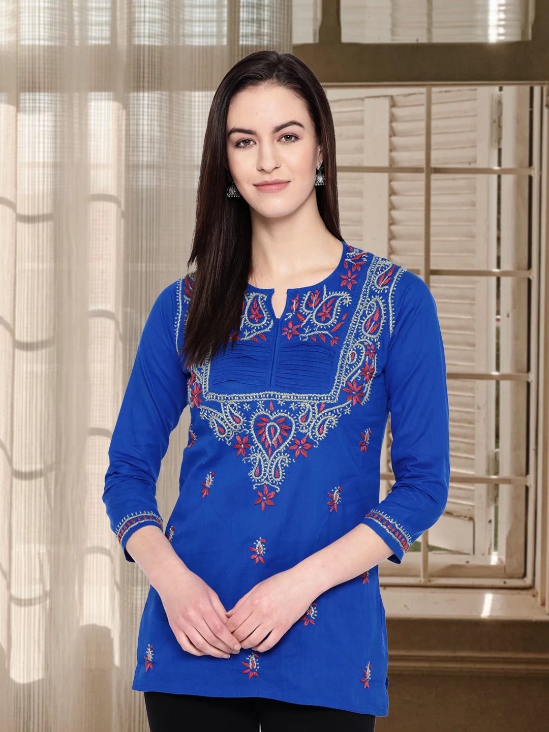 Ada Hand Embroidered Royal Blue Cotton Lucknowi Chikankari Straight Kurti A100239