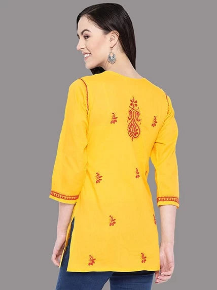 Ada Hand Embroidered Yellow Cotton Lucknowi Chikankari Straight Kurti A100238
