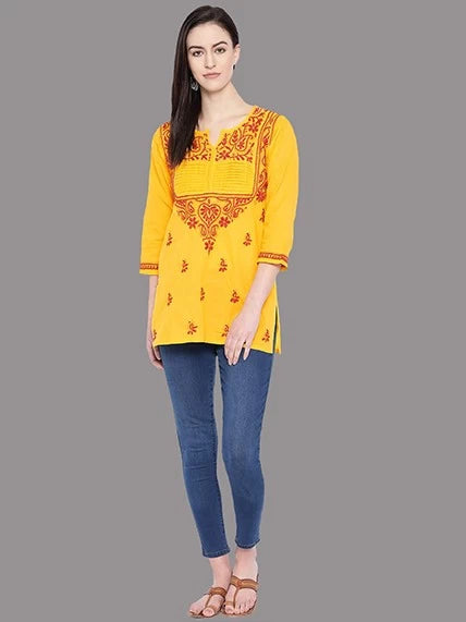 Ada Hand Embroidered Yellow Cotton Lucknowi Chikankari Straight Kurti A100238