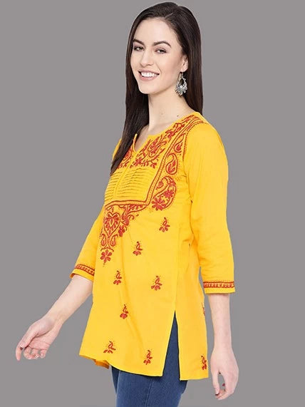Ada Hand Embroidered Yellow Cotton Lucknowi Chikankari Straight Kurti A100238