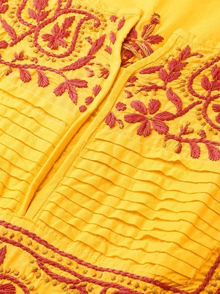 Ada Hand Embroidered Yellow Cotton Lucknowi Chikankari Straight Kurti A100238