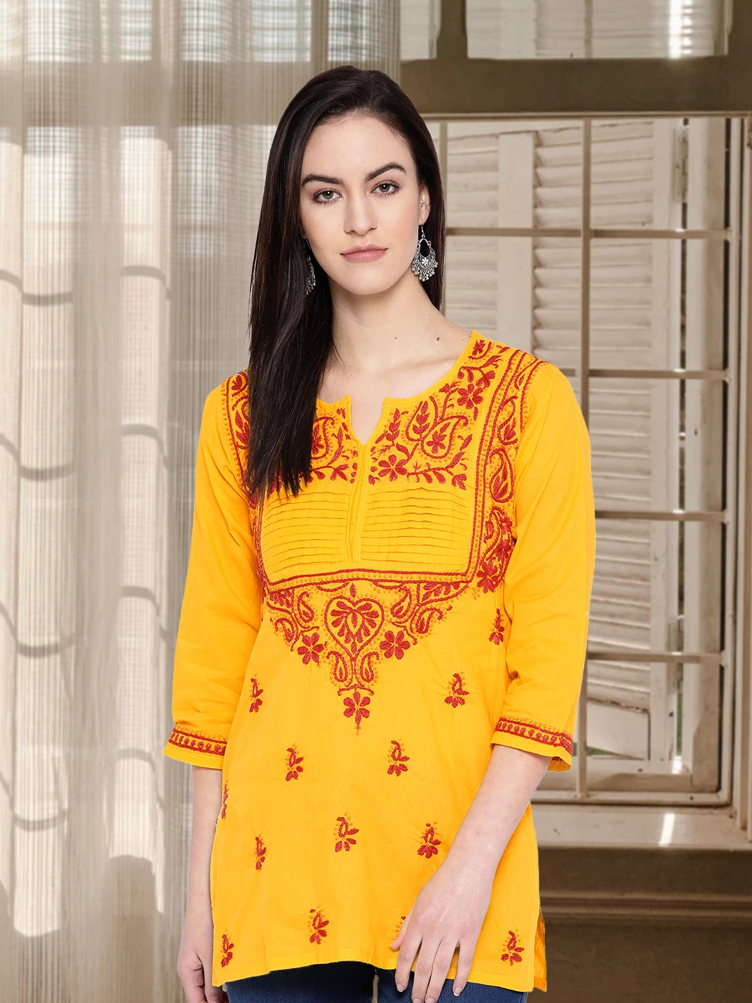 Ada Hand Embroidered Yellow Cotton Lucknowi Chikankari Straight Kurti A100238