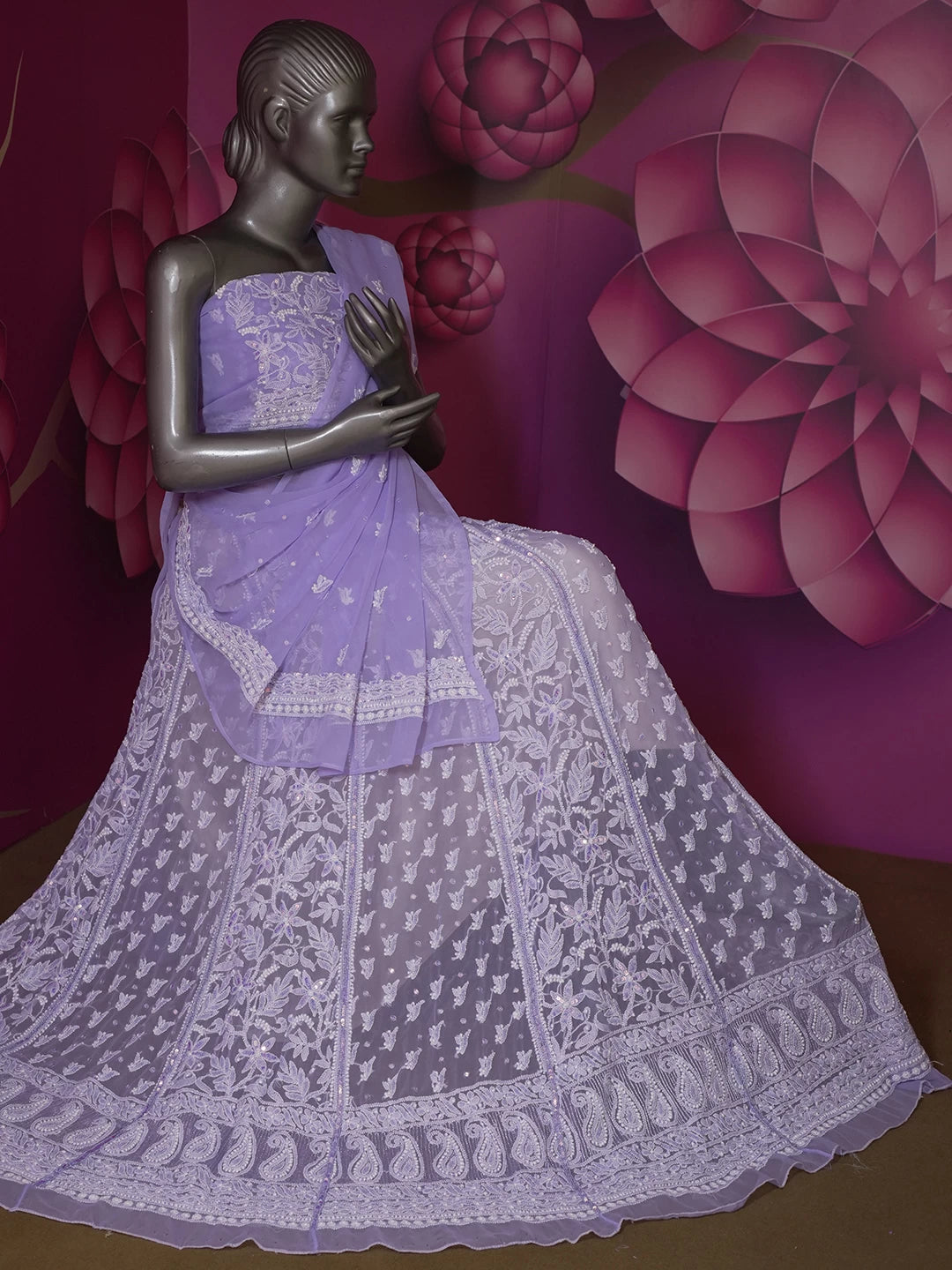 Ada Hand Embroidered Mauve Georgette Lucknowi Chikankari Semi-Stitched Lehenga Set With Sequins Work 01A462871
