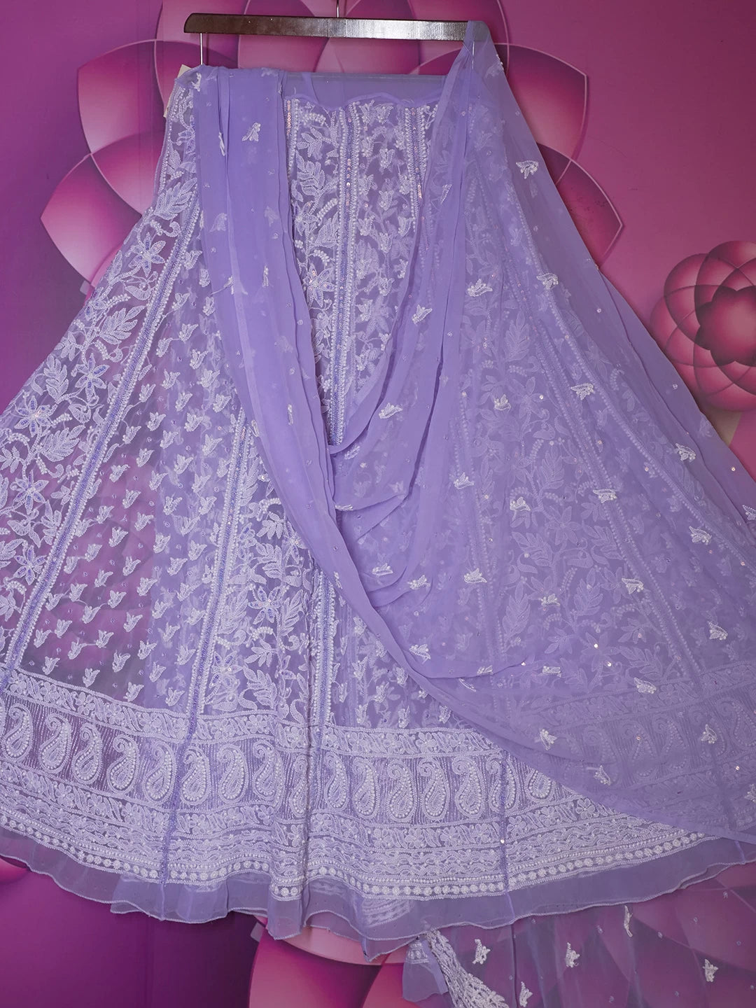 Ada Hand Embroidered Mauve Georgette Lucknowi Chikankari Semi-Stitched Lehenga Set With Sequins Work 01A462871