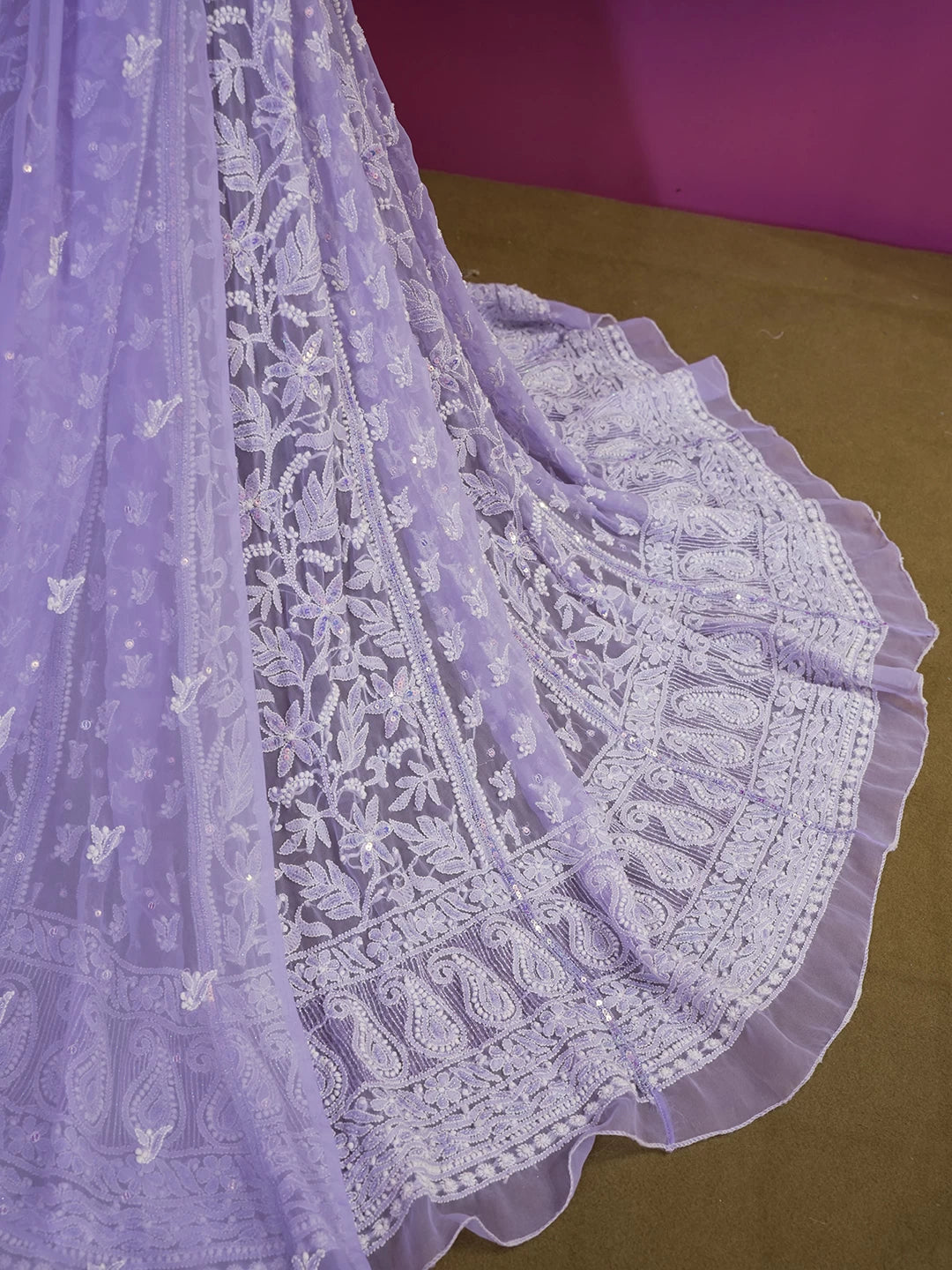 Ada Hand Embroidered Mauve Georgette Lucknowi Chikankari Semi-Stitched Lehenga Set With Sequins Work 01A462871