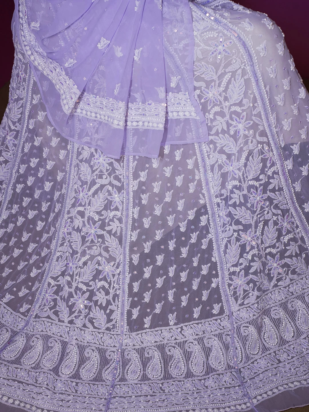 Ada Hand Embroidered Mauve Georgette Lucknowi Chikankari Semi-Stitched Lehenga Set With Sequins Work 01A462871