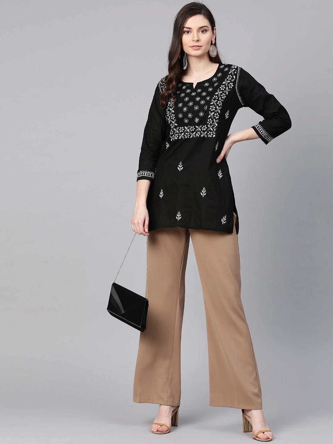 Ada Hand Embroidered Black Cotton Lucknowi Chikankari Straight Kurti A100390