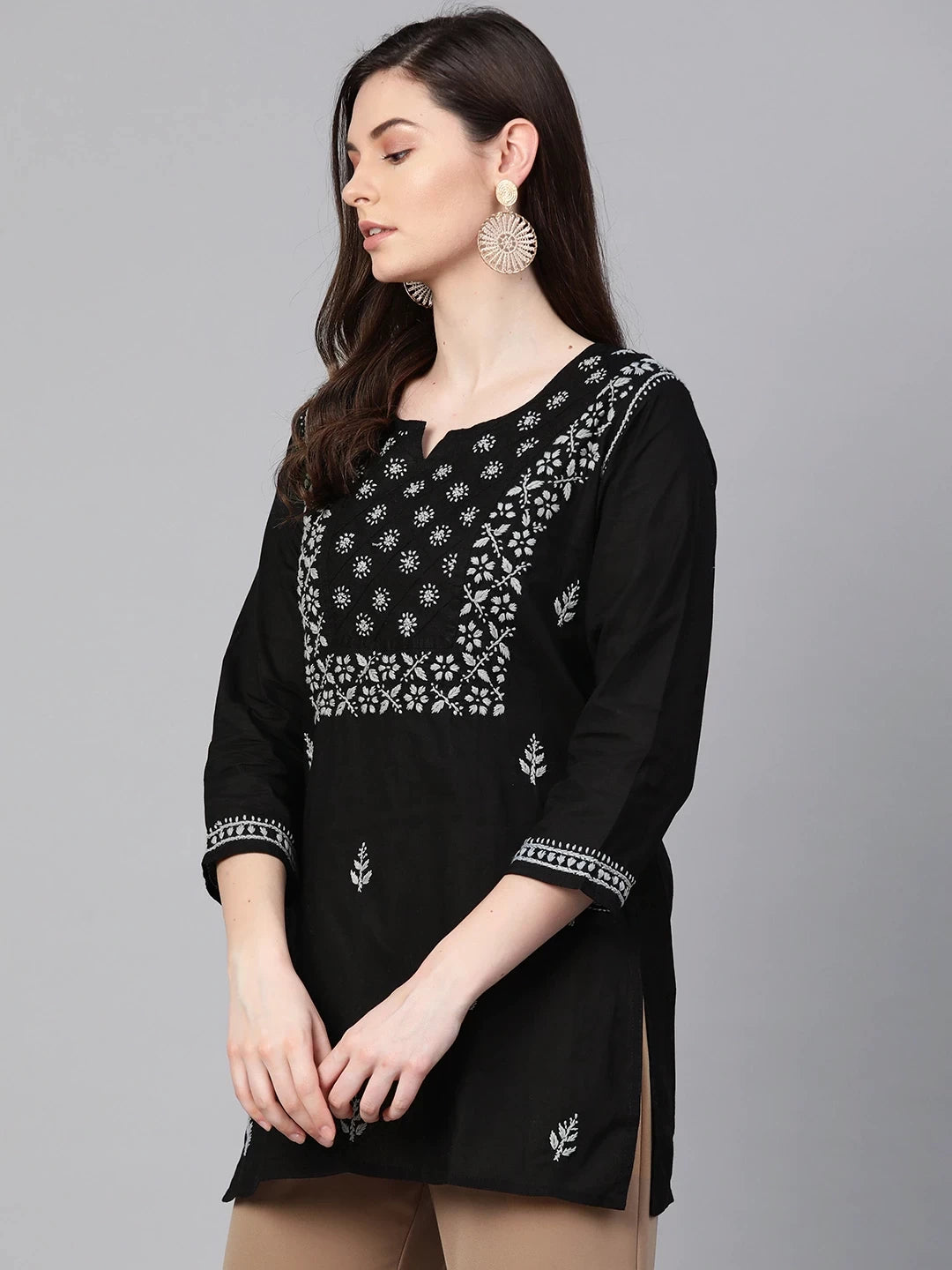 Ada Hand Embroidered Black Cotton Lucknowi Chikankari Straight Kurti A100390