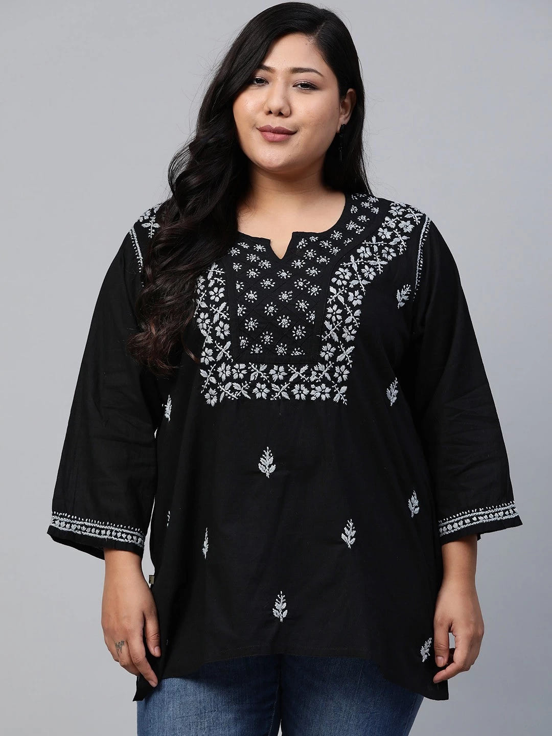 Ada Hand Embroidered Black Cotton Lucknowi Chikankari Straight Kurti A100390