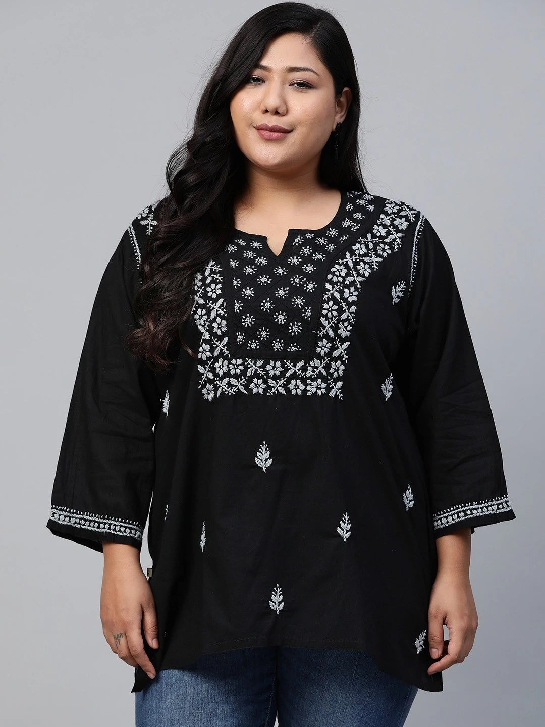 Ada Hand Embroidered Black Cotton Lucknowi Chikankari Straight Kurti A100390