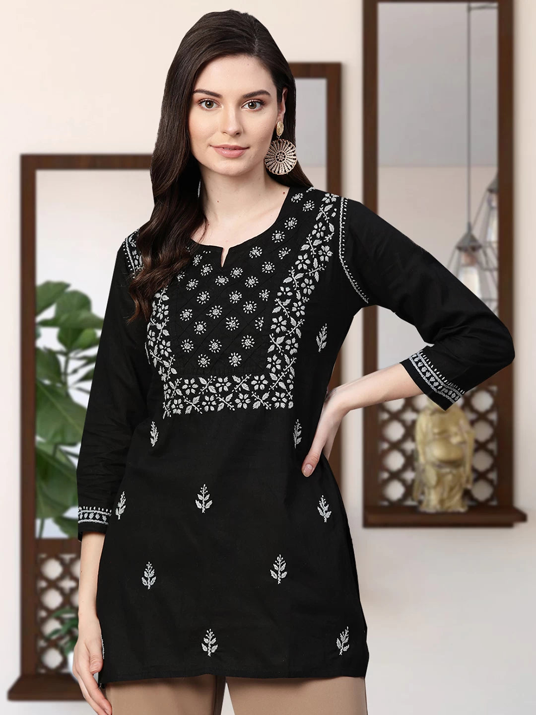 Ada Hand Embroidered Black Cotton Lucknowi Chikankari Straight Kurti A100390