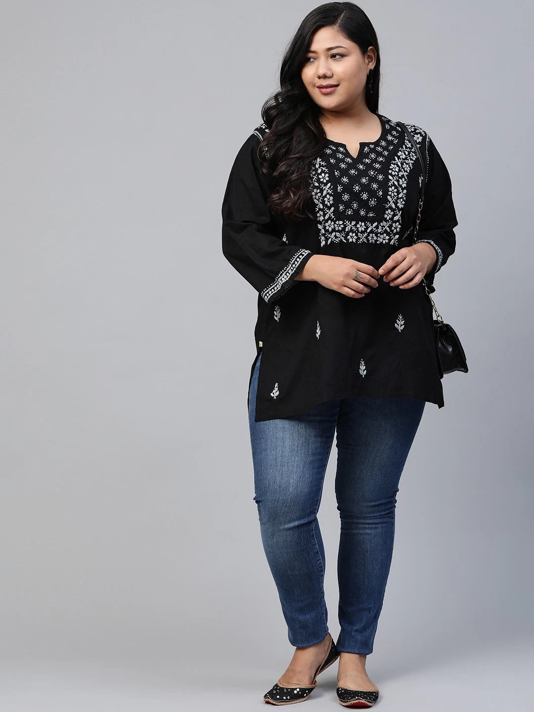 Ada Hand Embroidered Black Cotton Lucknowi Chikankari Straight Kurti A100390