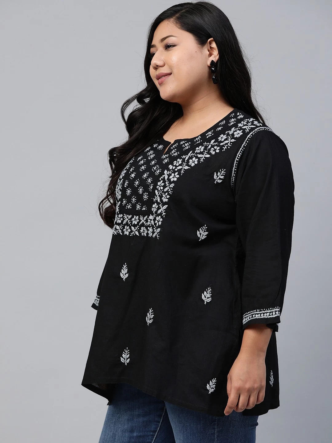 Ada Hand Embroidered Black Cotton Lucknowi Chikankari Straight Kurti A100390