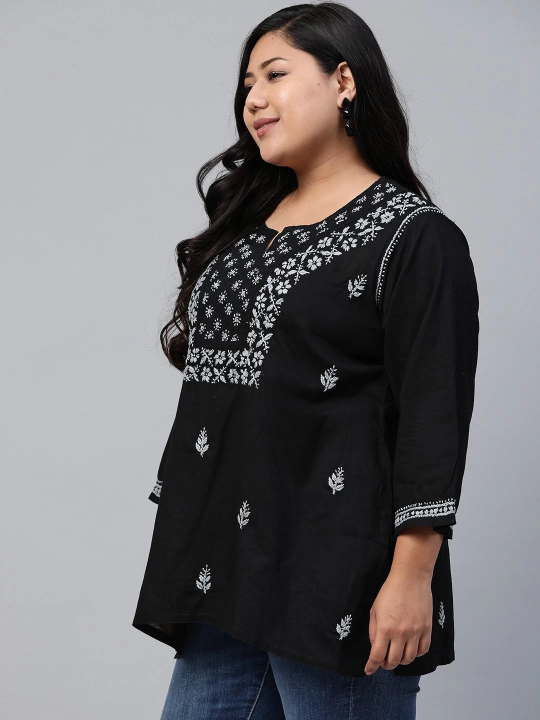 Ada Hand Embroidered Black Cotton Lucknowi Chikankari Straight Kurti A100390