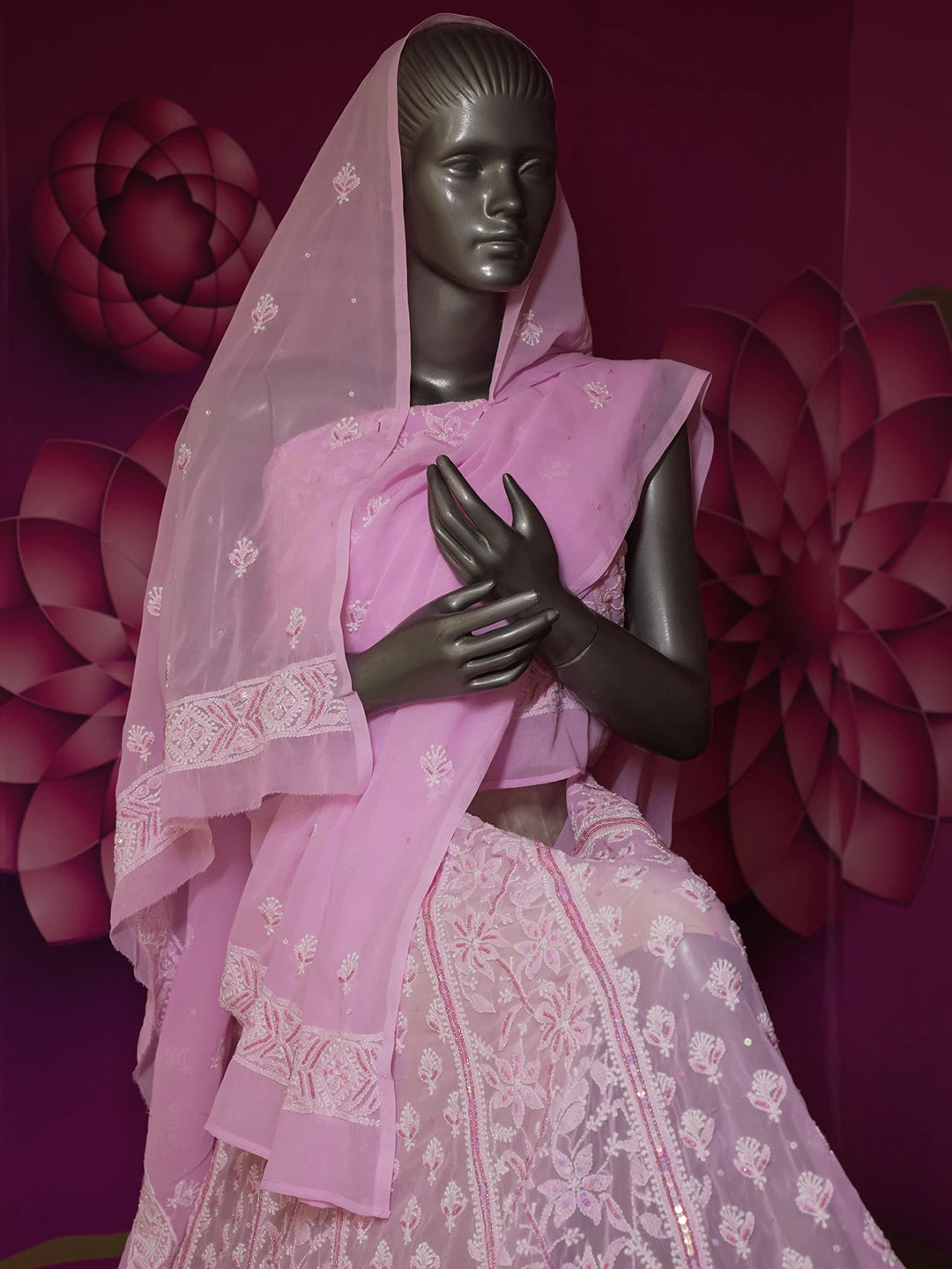 Ada Hand Embroidered Pink Georgette Lucknowi Chikankari Semi-Stitched Lehenga Set With Sequins Work 01A462868