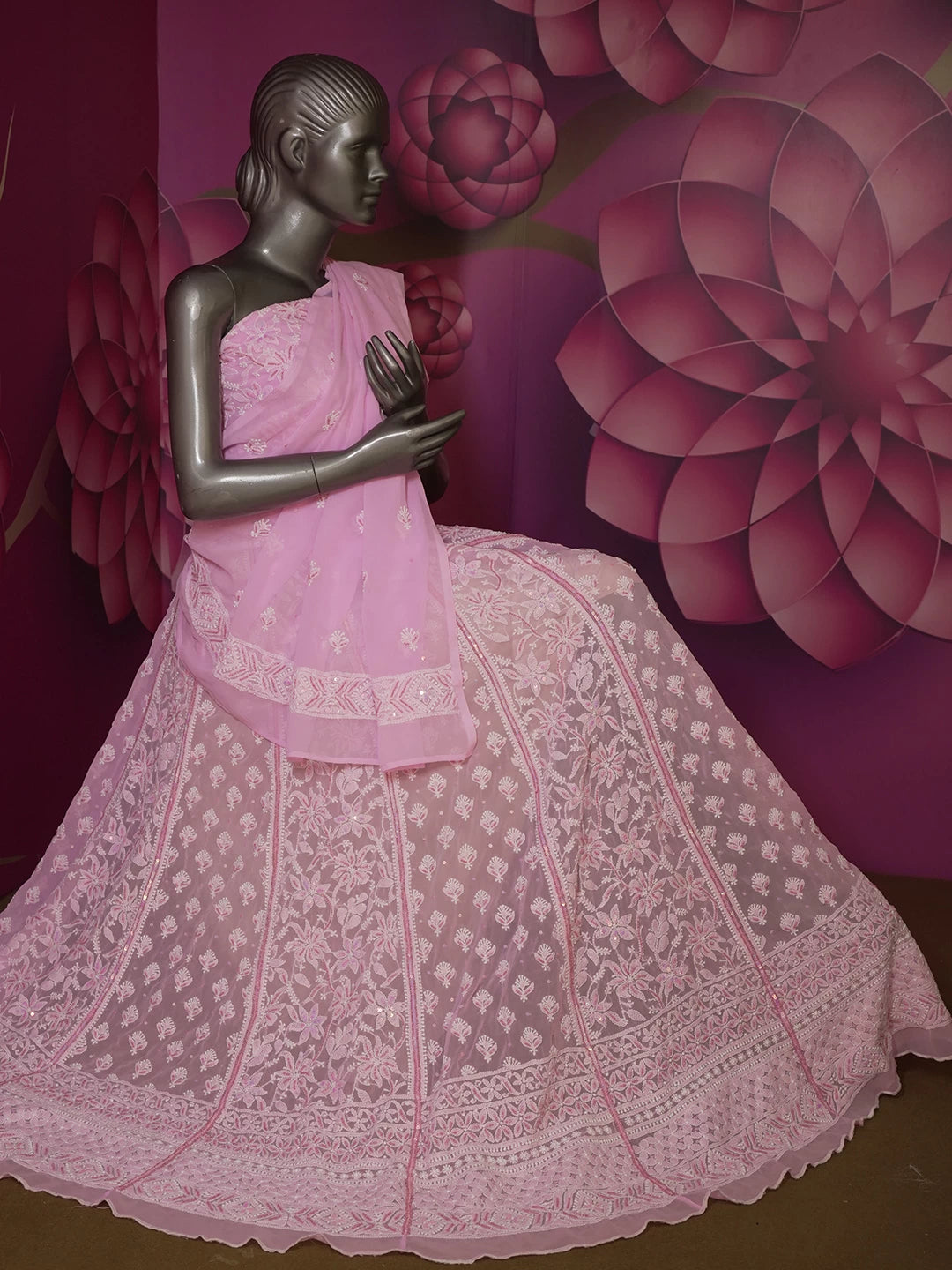 Ada Hand Embroidered Pink Georgette Lucknowi Chikankari Semi-Stitched Lehenga Set With Sequins Work 01A462868