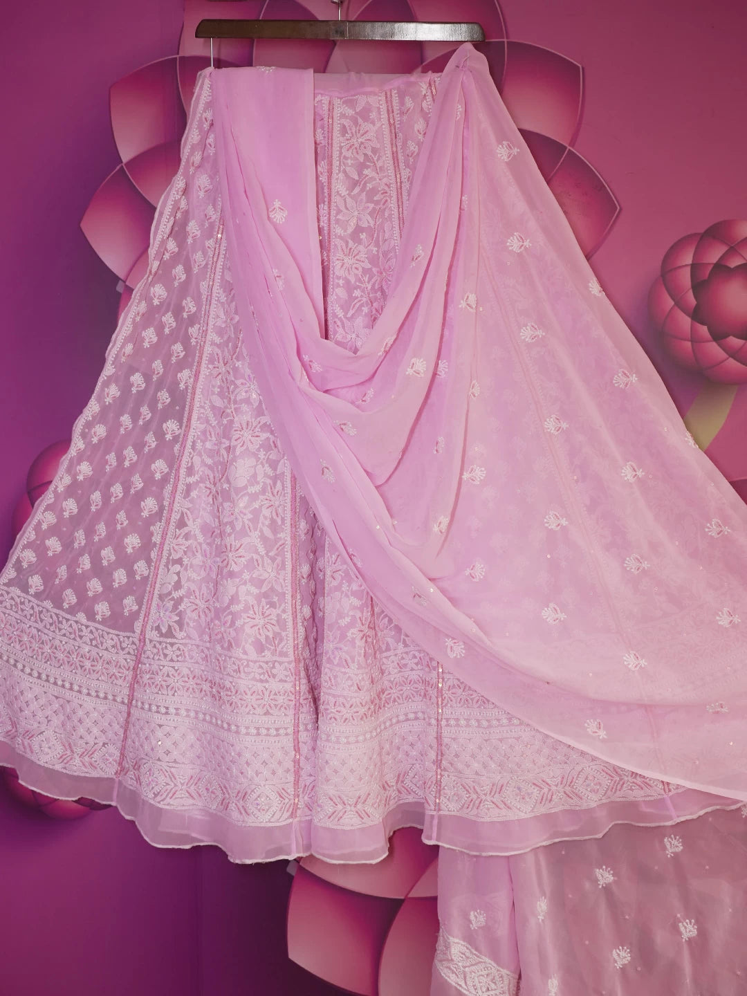 Ada Hand Embroidered Pink Georgette Lucknowi Chikankari Semi-Stitched Lehenga Set With Sequins Work 01A462868