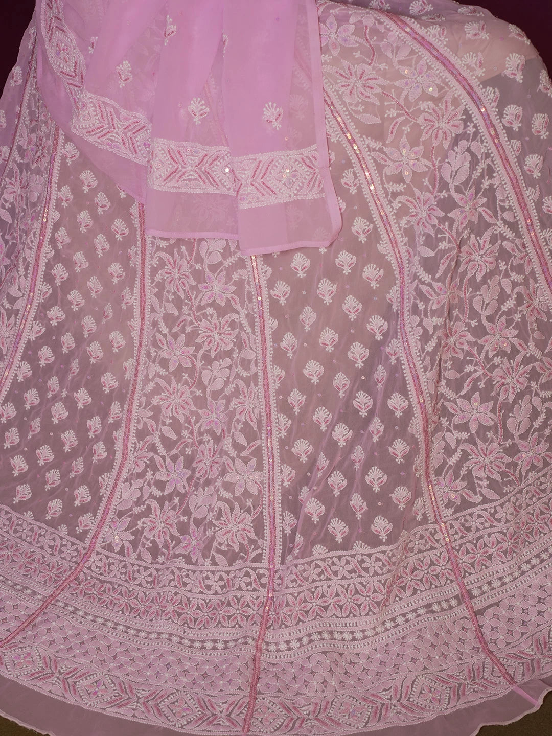 Ada Hand Embroidered Pink Georgette Lucknowi Chikankari Semi-Stitched Lehenga Set With Sequins Work 01A462868