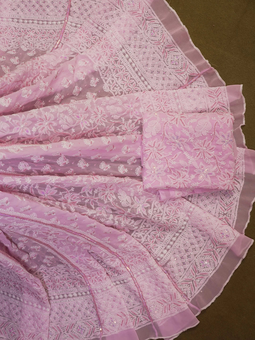 Ada Hand Embroidered Pink Georgette Lucknowi Chikankari Semi-Stitched Lehenga Set With Sequins Work 01A462868
