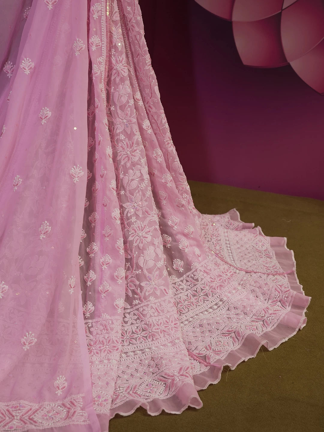 Ada Hand Embroidered Pink Georgette Lucknowi Chikankari Semi-Stitched Lehenga Set With Sequins Work 01A462868