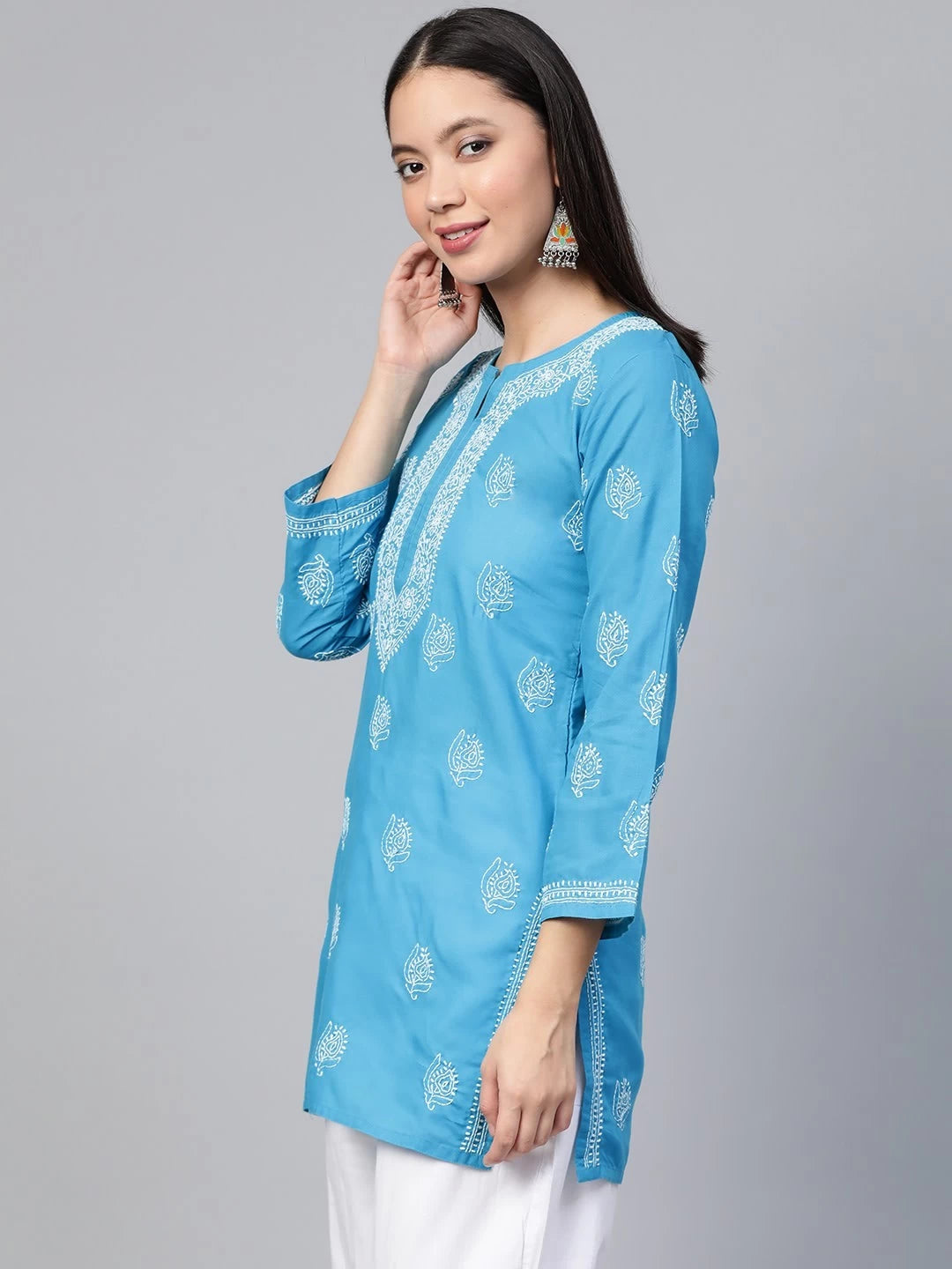 Ada Hand Embroidered Azure Blue Cotton Lucknowi Chikankari Short Kurti A210673