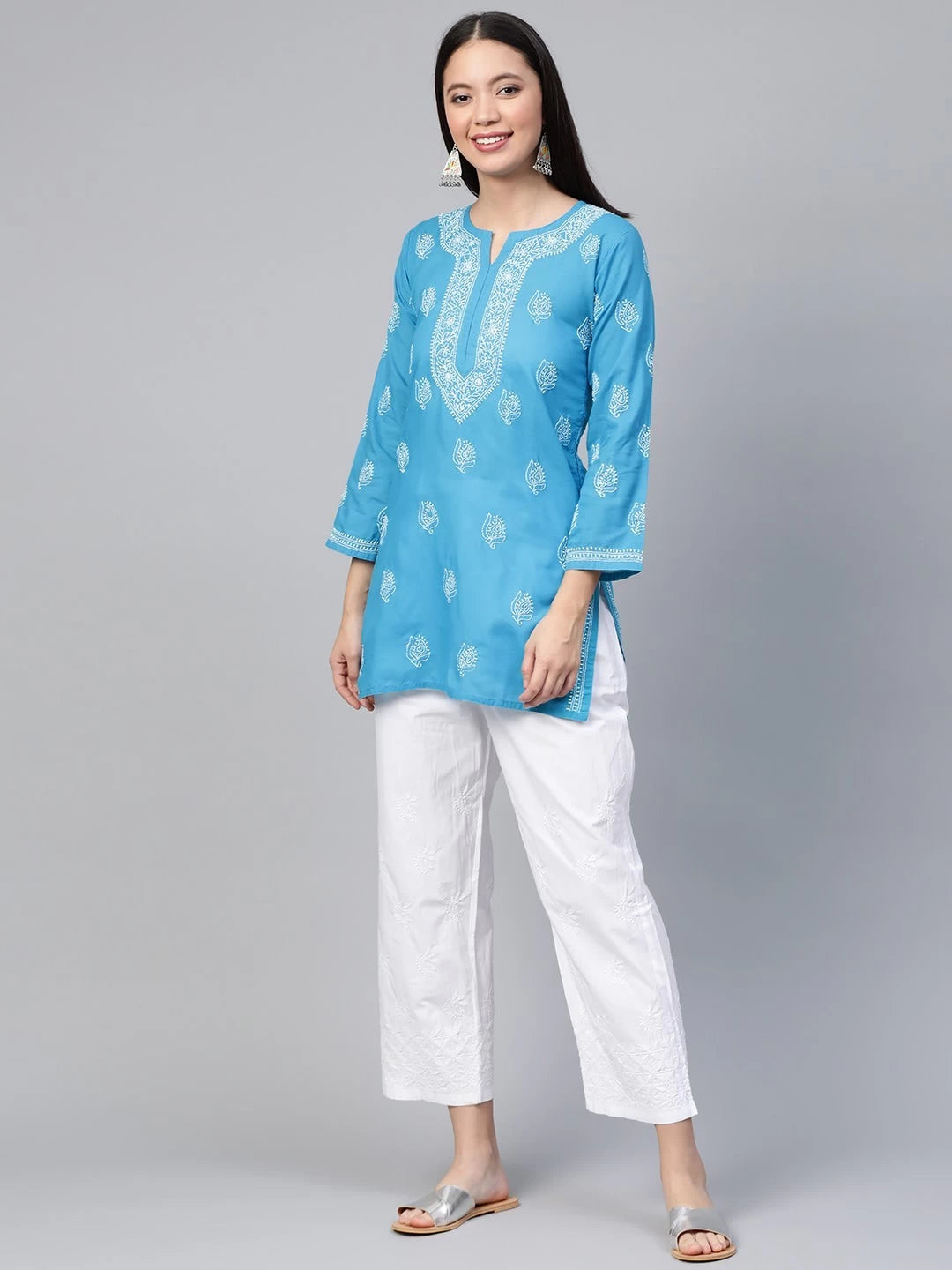 Ada Hand Embroidered Azure Blue Cotton Lucknowi Chikankari Short Kurti A210673