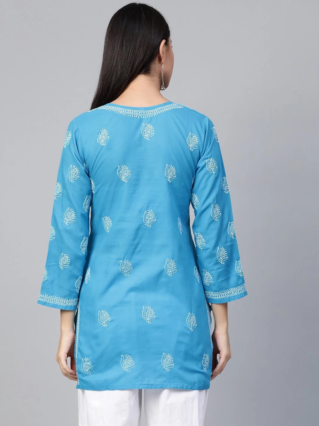 Ada Hand Embroidered Azure Blue Cotton Lucknowi Chikankari Short Kurti A210673