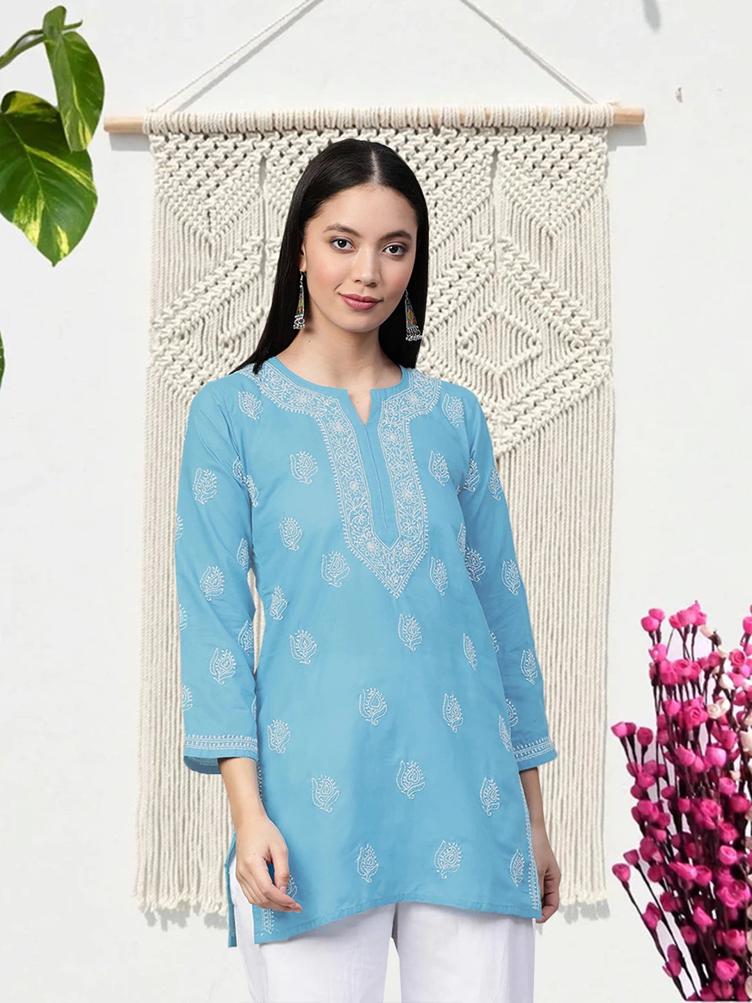 Ada Hand Embroidered Azure Blue Cotton Lucknowi Chikankari Short Kurti A210673