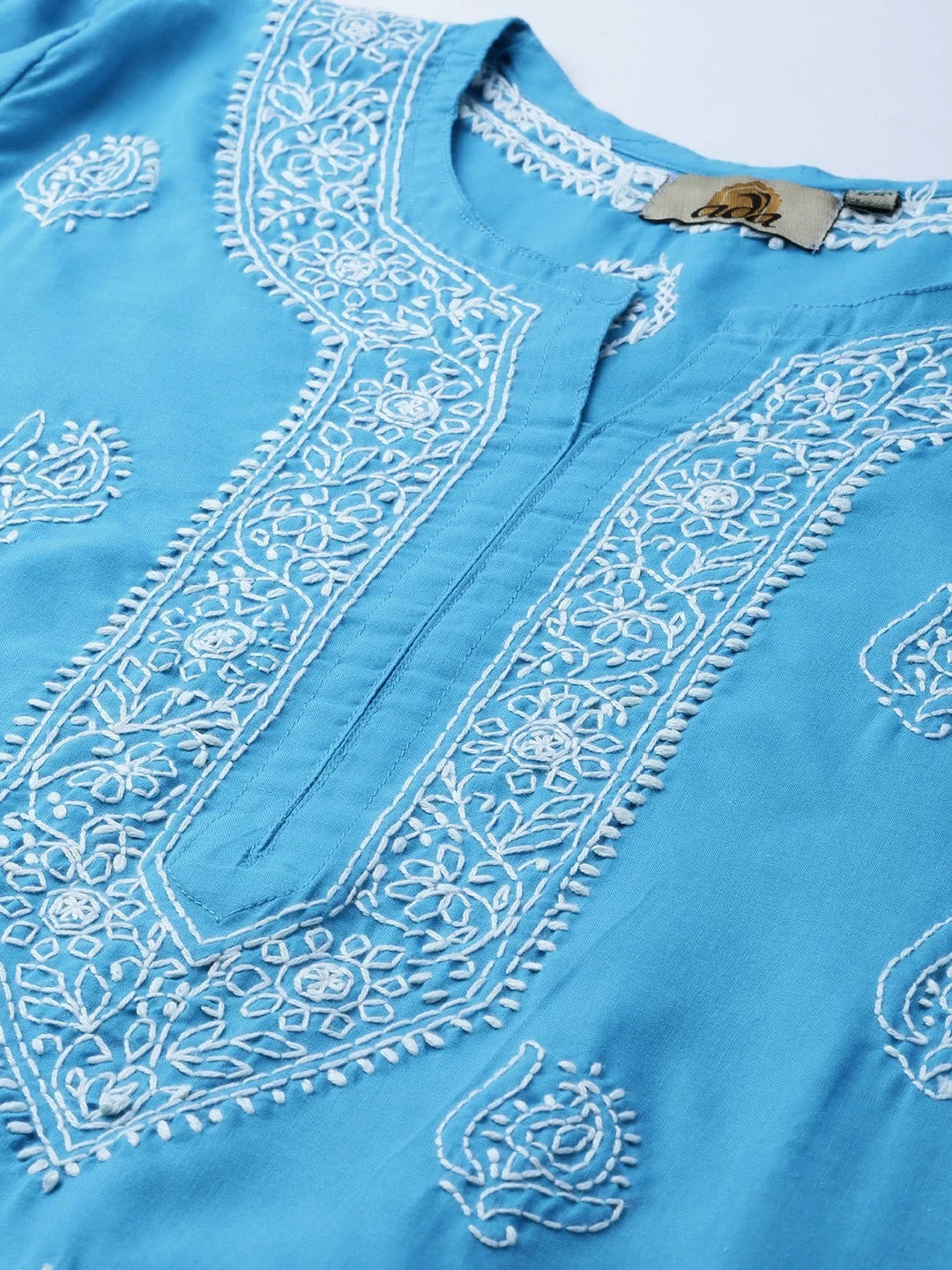 Ada Hand Embroidered Azure Blue Cotton Lucknowi Chikankari Short Kurti A210673