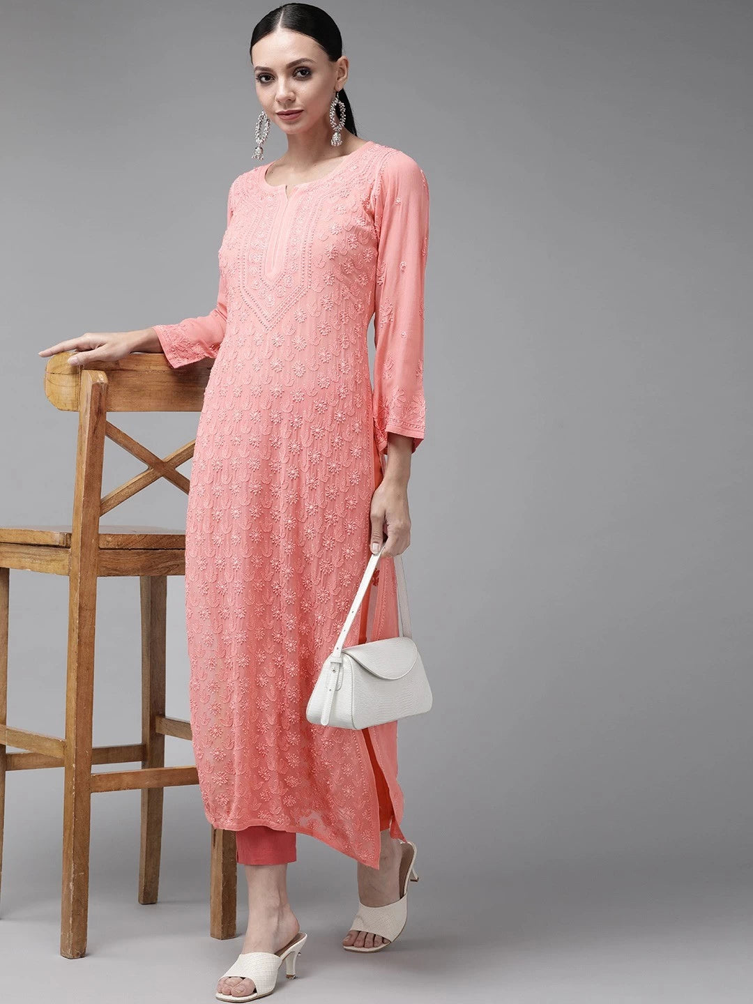 Ada Hand Embroidered Peach Georgette Lucknowi Chikankari Kurta A411328