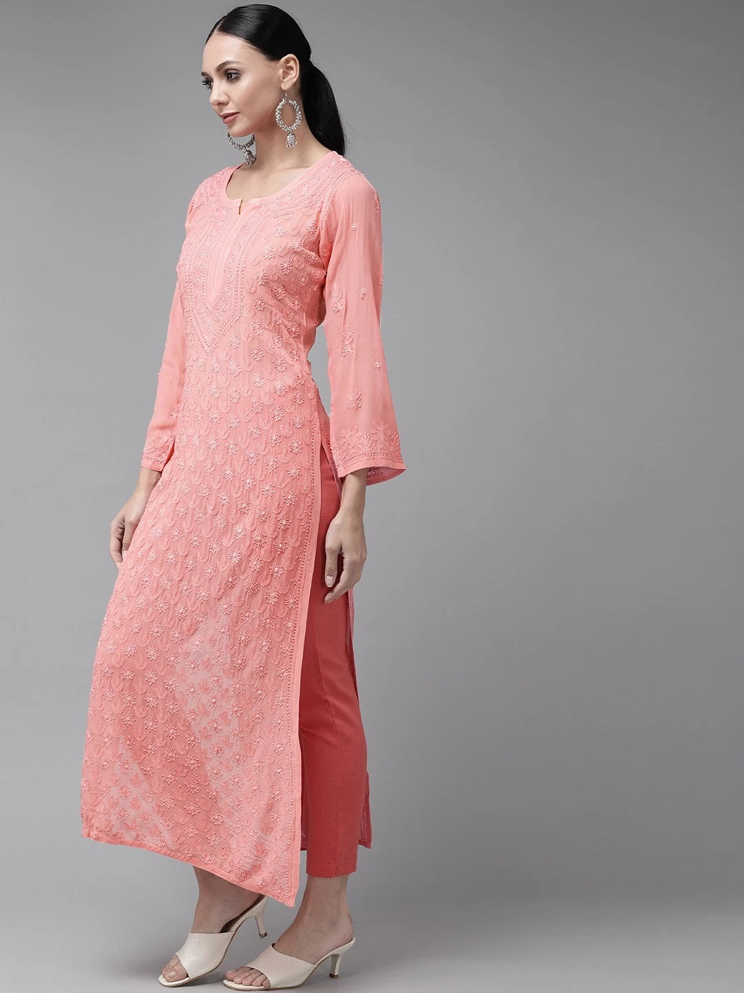 Ada Hand Embroidered Peach Georgette Lucknowi Chikankari Kurta A411328