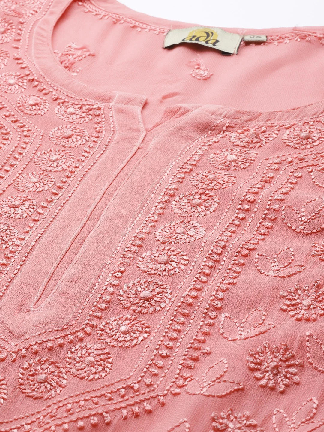 Ada Hand Embroidered Peach Georgette Lucknowi Chikankari Kurta A411328