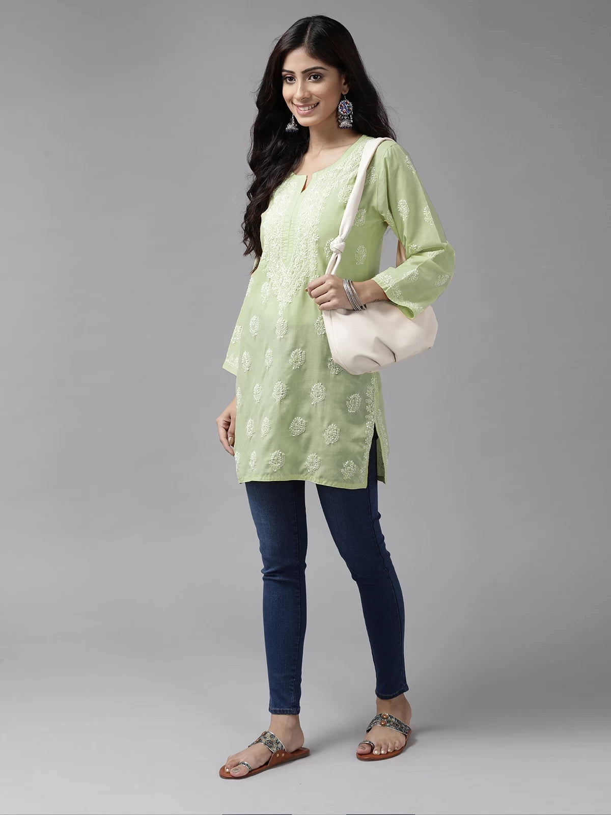Ada Hand Embroidered Tea Green Cotton Lucknowi Chikankari Short Kurti A911341