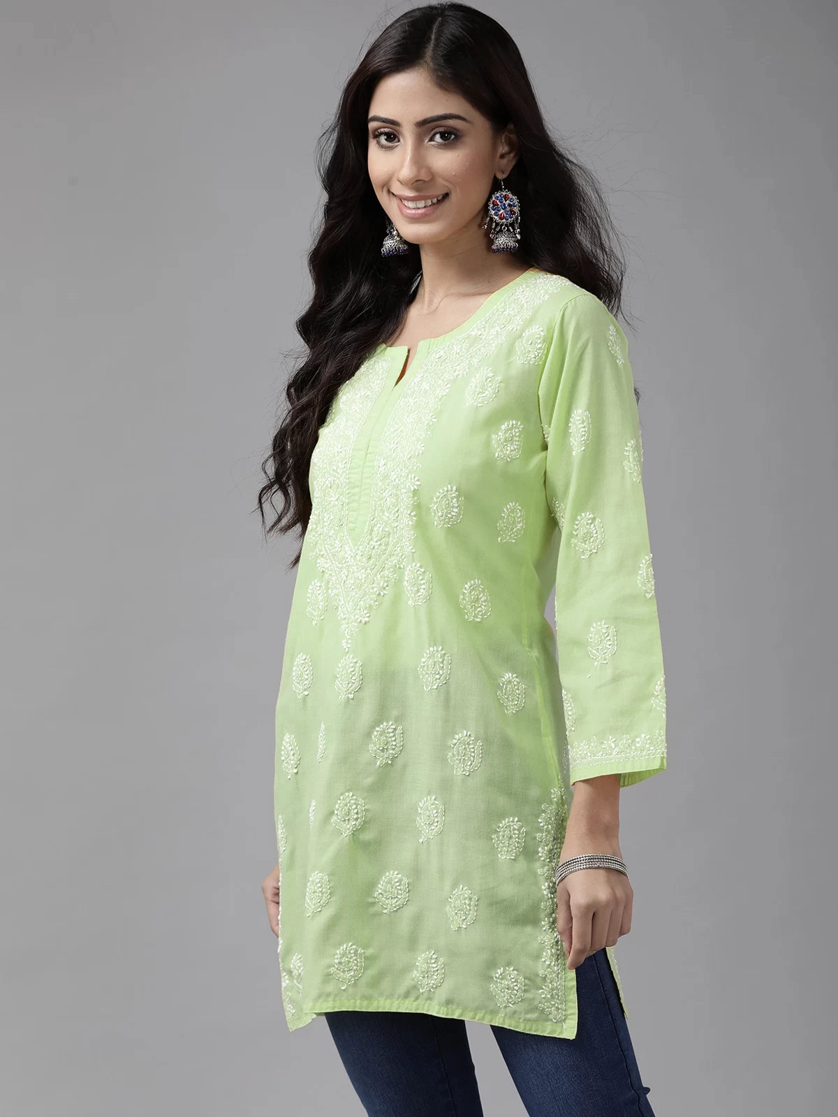 Ada Hand Embroidered Tea Green Cotton Lucknowi Chikankari Short Kurti A911341