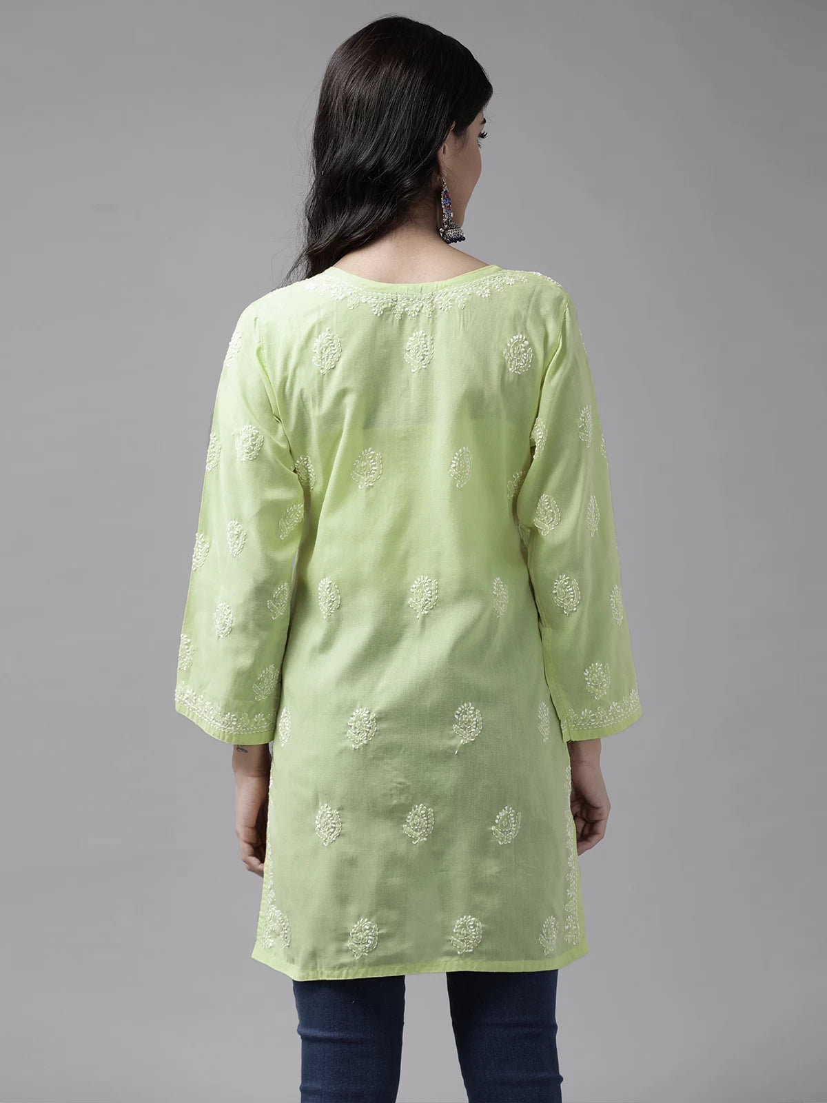 Ada Hand Embroidered Tea Green Cotton Lucknowi Chikankari Short Kurti A911341
