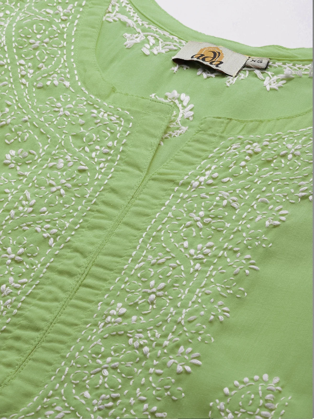 Ada Hand Embroidered Tea Green Cotton Lucknowi Chikankari Short Kurti A911341