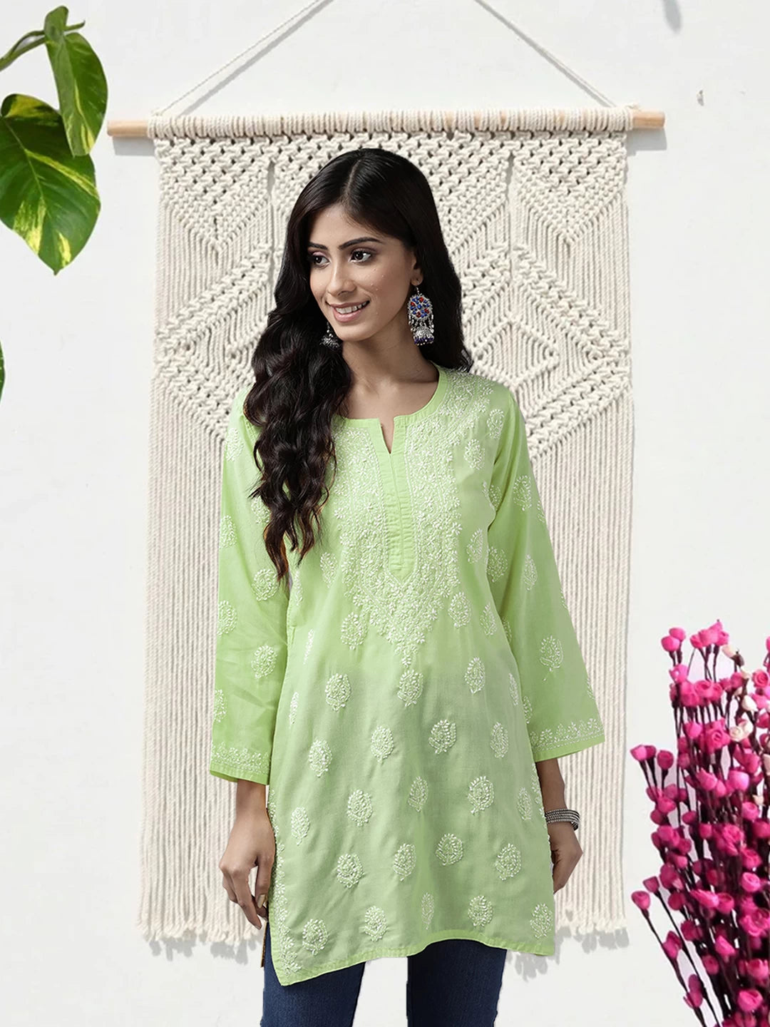 Ada Hand Embroidered Tea Green Cotton Lucknowi Chikankari Short Kurti A911341