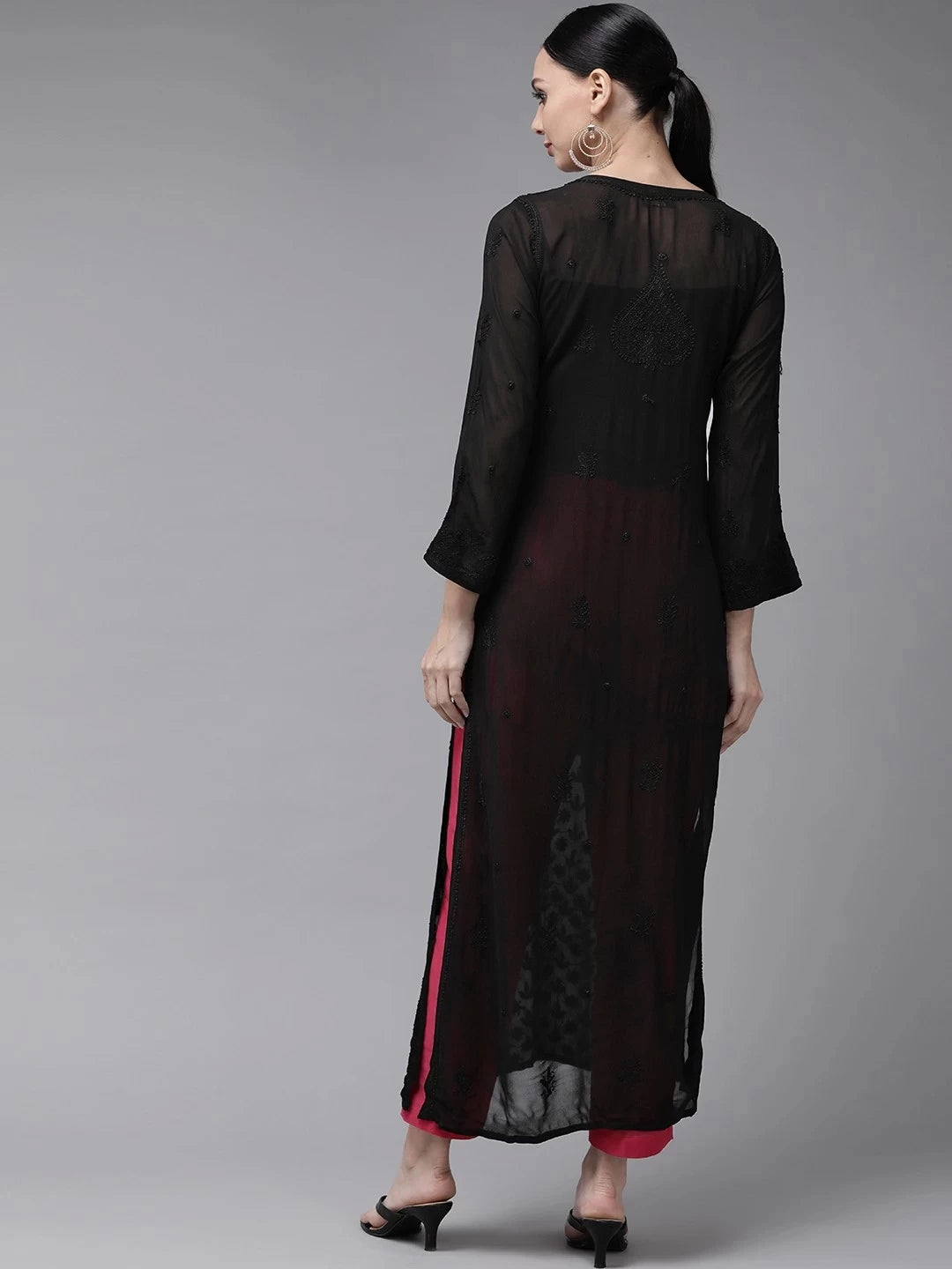 Ada Hand Embroidered Black Georgette Lucknow Chikankari Kurta A411324