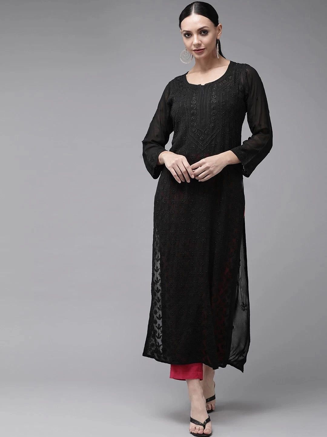 Ada Hand Embroidered Black Georgette Lucknow Chikankari Kurta A411324