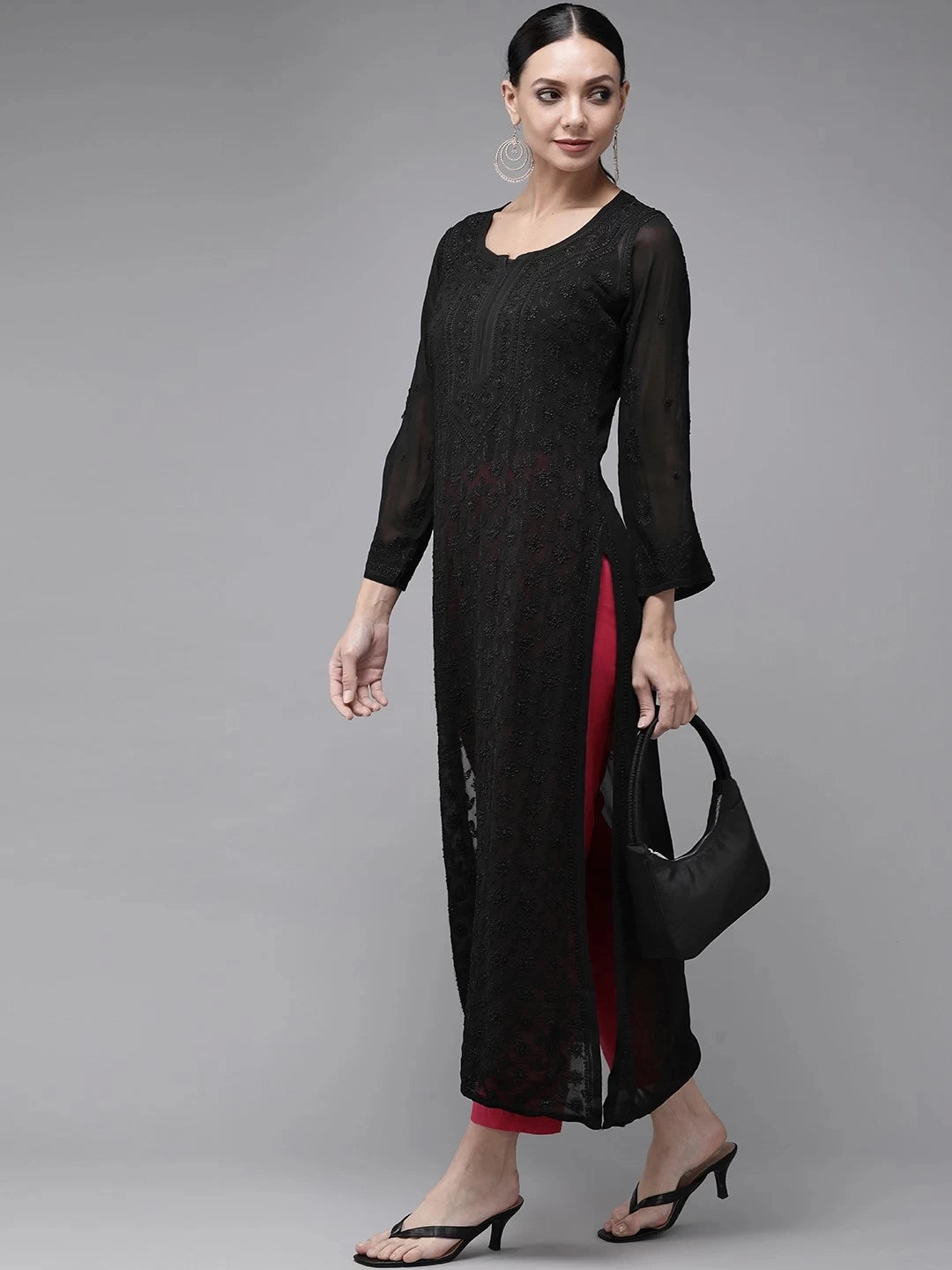 Ada Hand Embroidered Black Georgette Lucknow Chikankari Kurta A411324