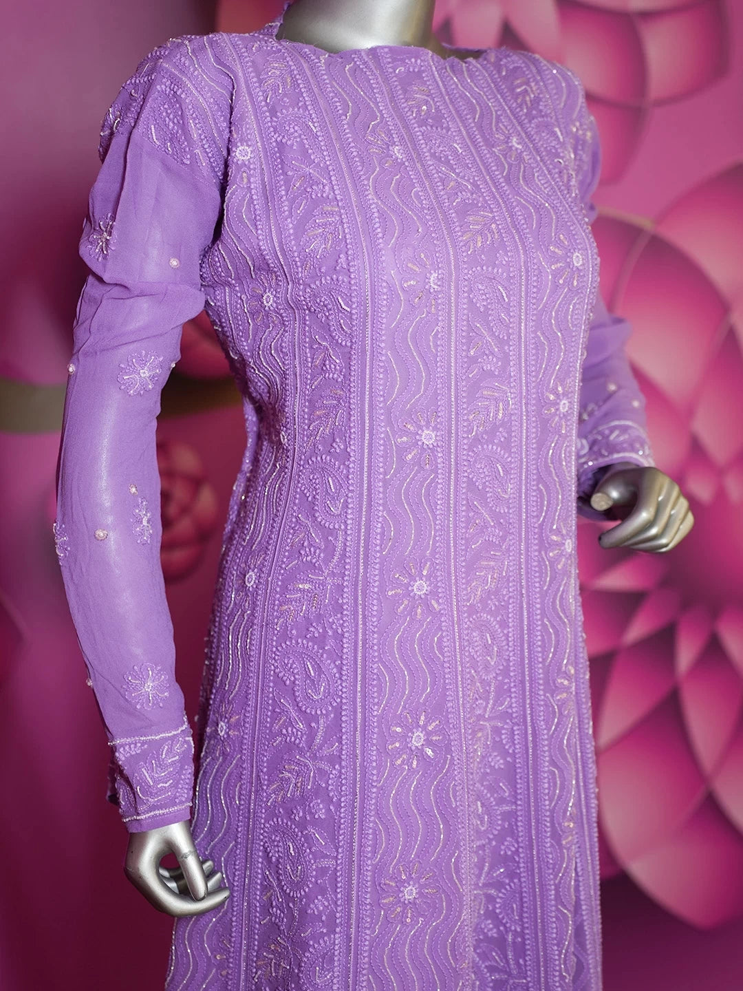 Ada Hand Embroidered Purple Georgette Lucknowi Chikankari Semi-Stitched Anarkali Kurta Dupatta Set With Pearl Work 01A360190