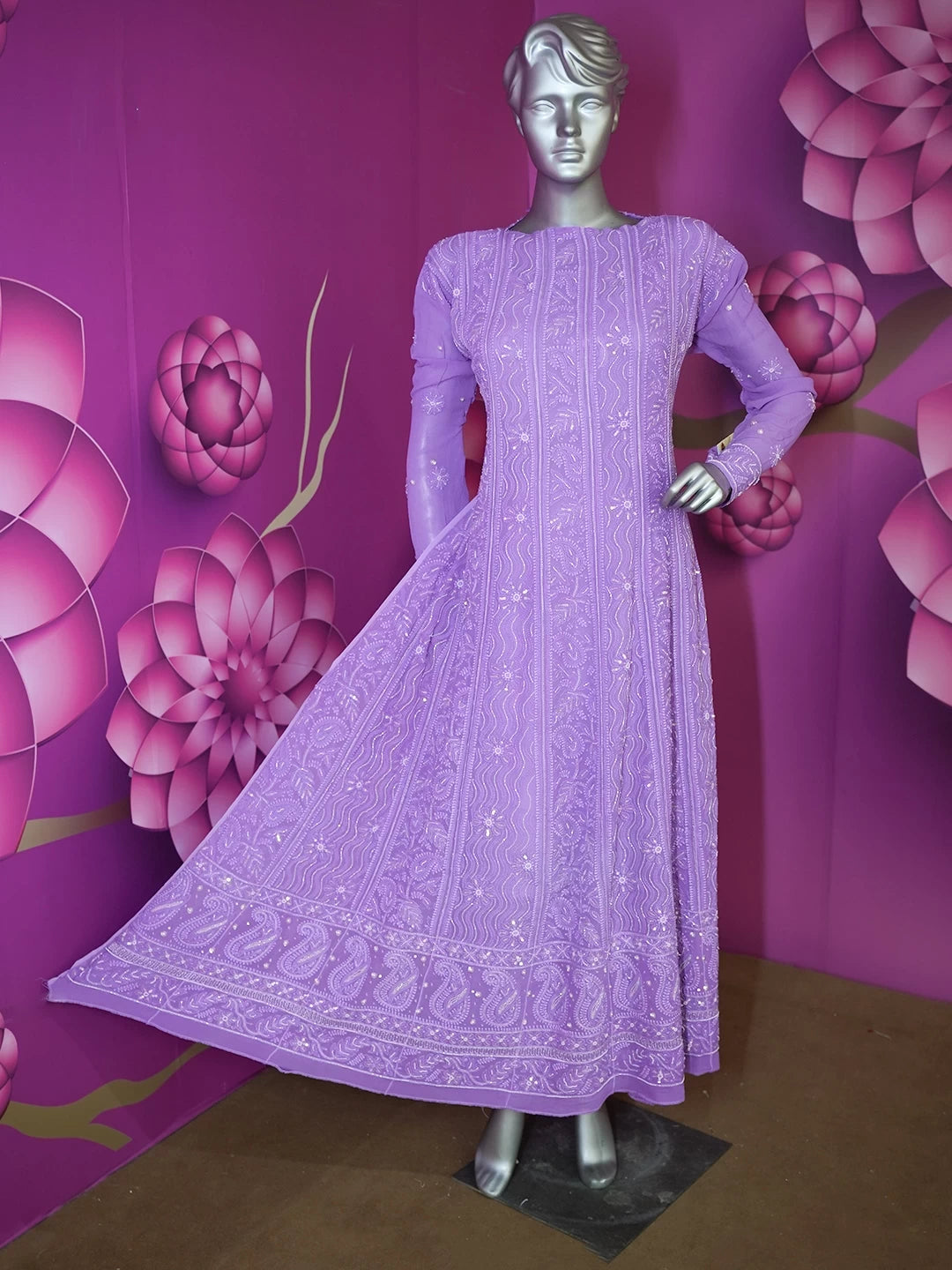 Ada Hand Embroidered Purple Georgette Lucknowi Chikankari Semi-Stitched Anarkali Kurta Dupatta Set With Pearl Work 01A360190