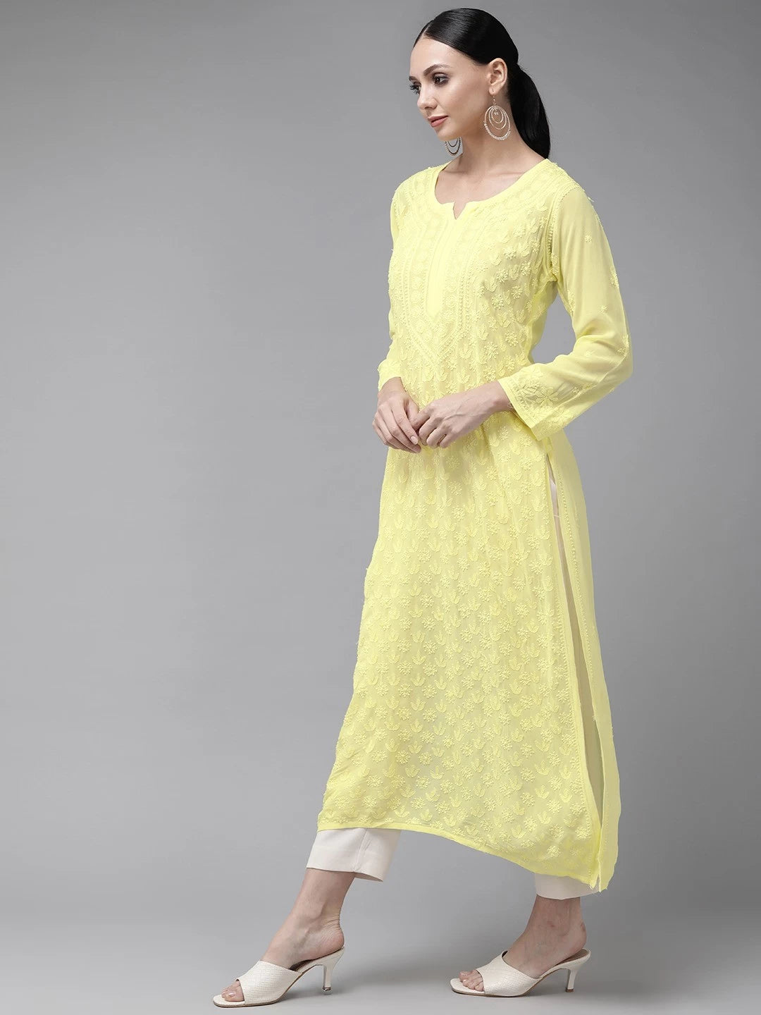 Ada Hand Embroidered Lemon Georgette Lucknow Chikankari Kurta A411326