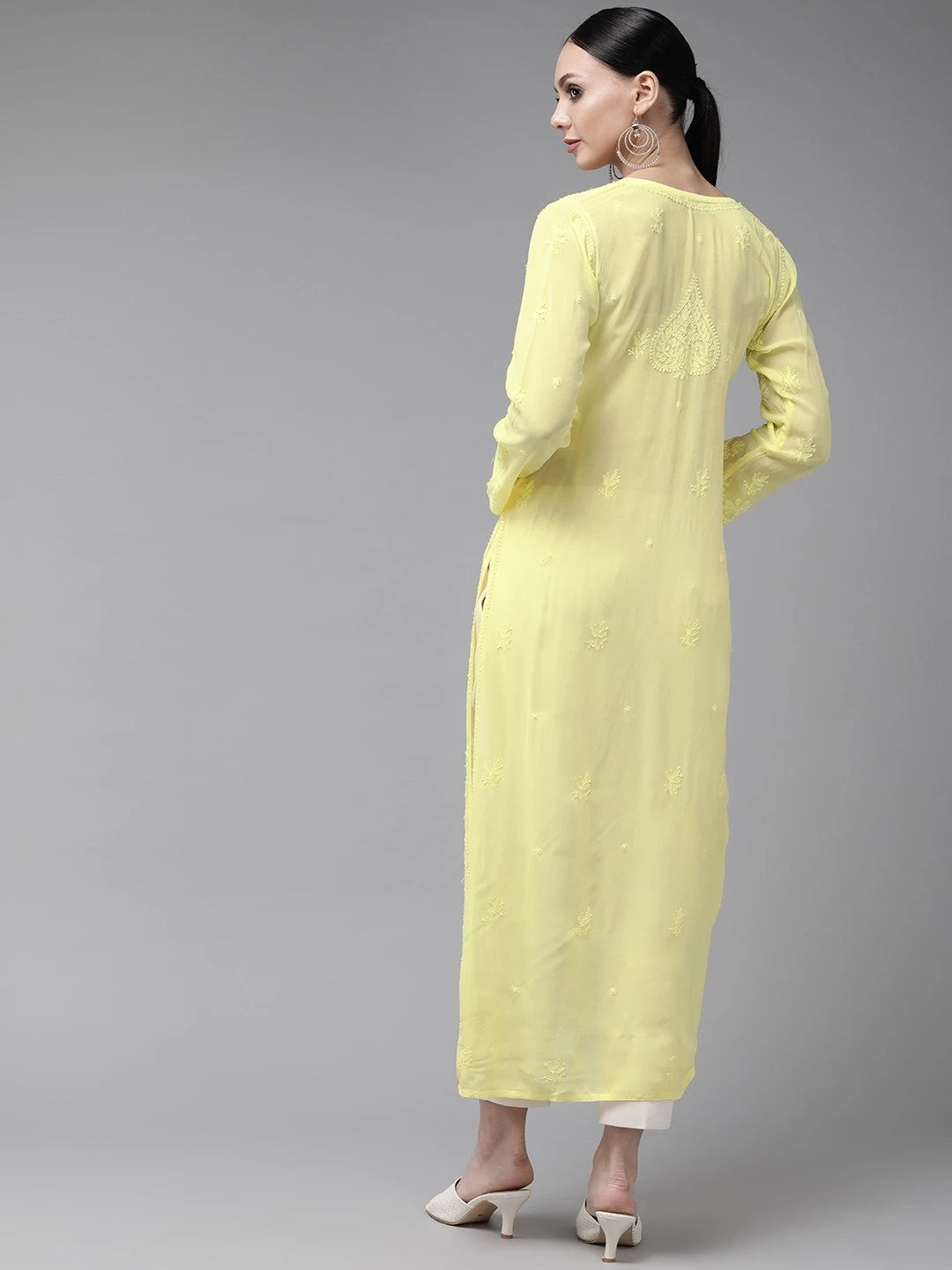 Ada Hand Embroidered Lemon Georgette Lucknow Chikankari Kurta A411326
