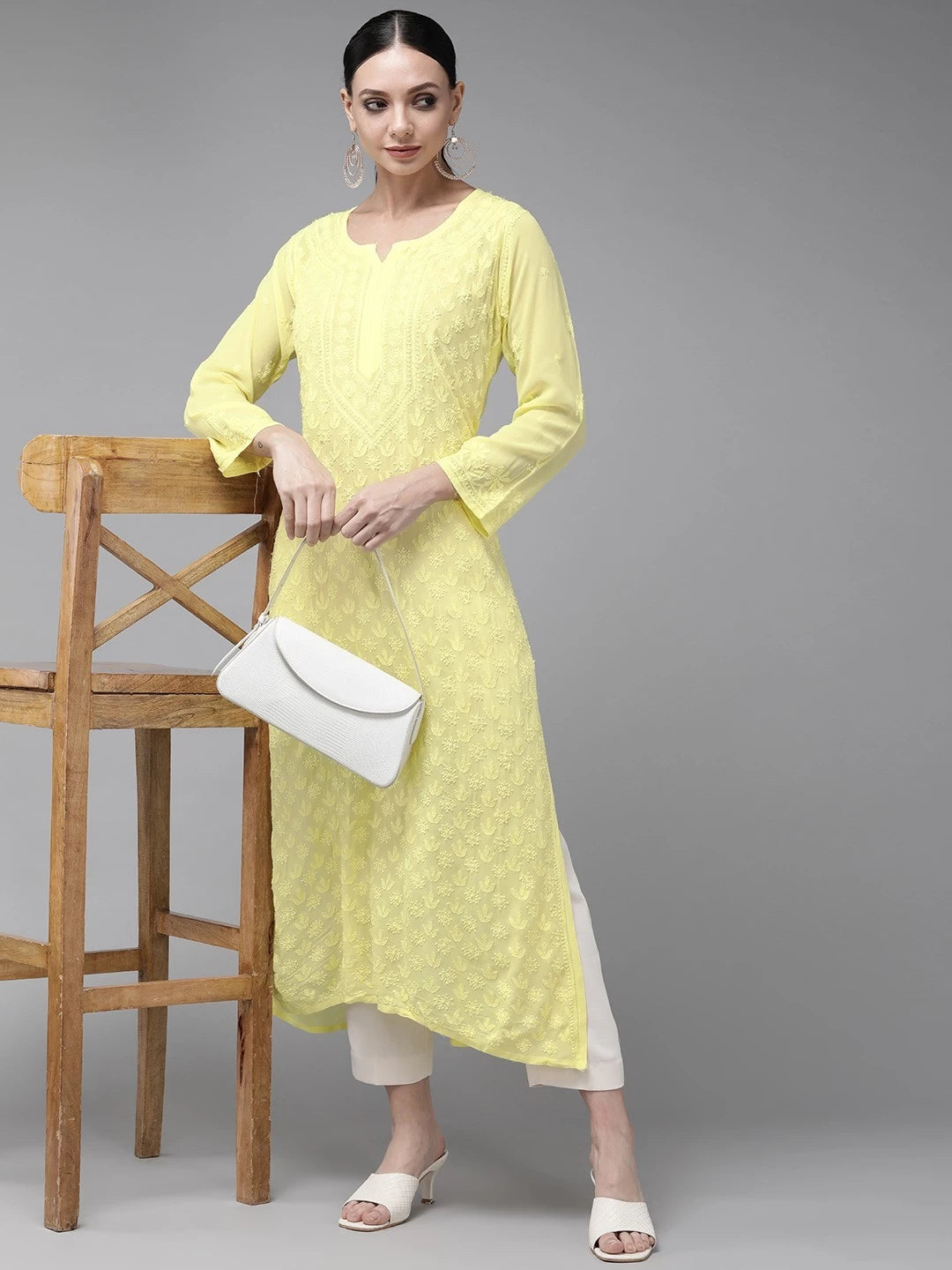 Ada Hand Embroidered Lemon Georgette Lucknow Chikankari Kurta A411326