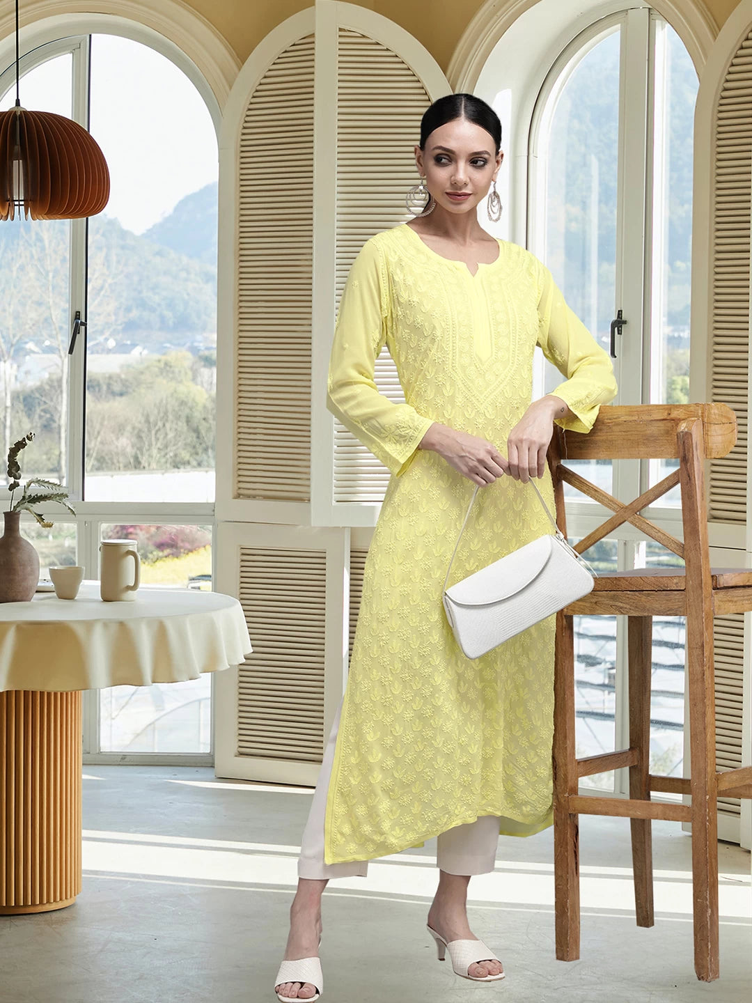 Ada Hand Embroidered Lemon Georgette Lucknow Chikankari Kurta A411326