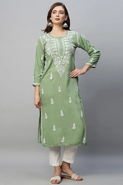 Ada Hand Embroidered Sage Green Rayon Lucknowi Chikankari Straight Kurta A411487