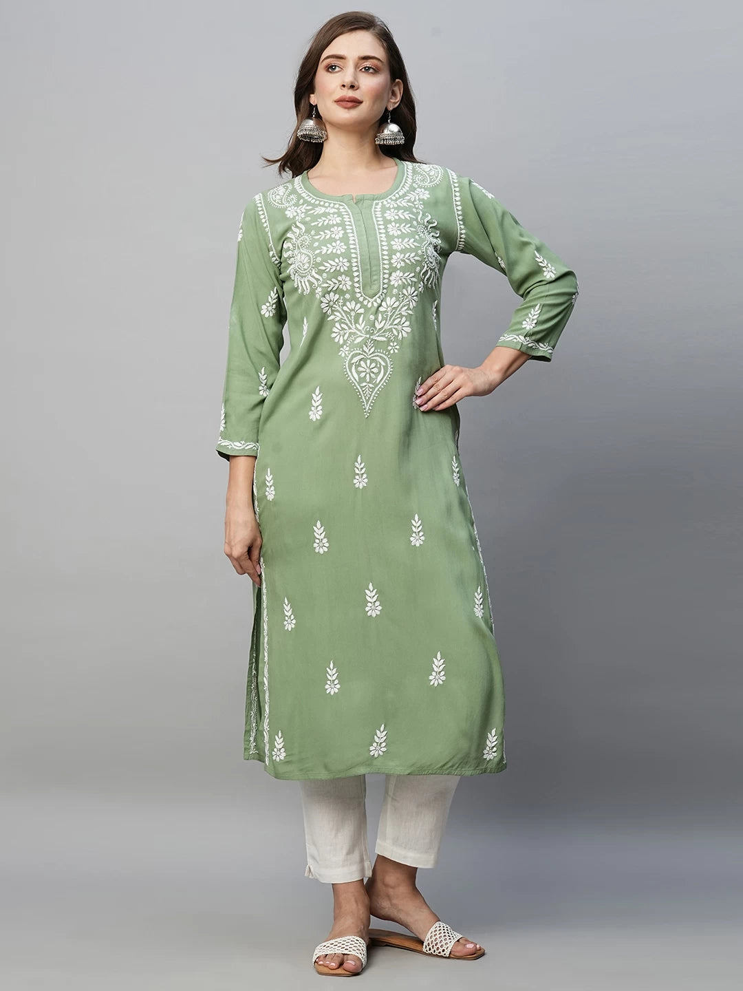 Ada Hand Embroidered Sage Green Rayon Lucknowi Chikankari Straight Kurta A411487