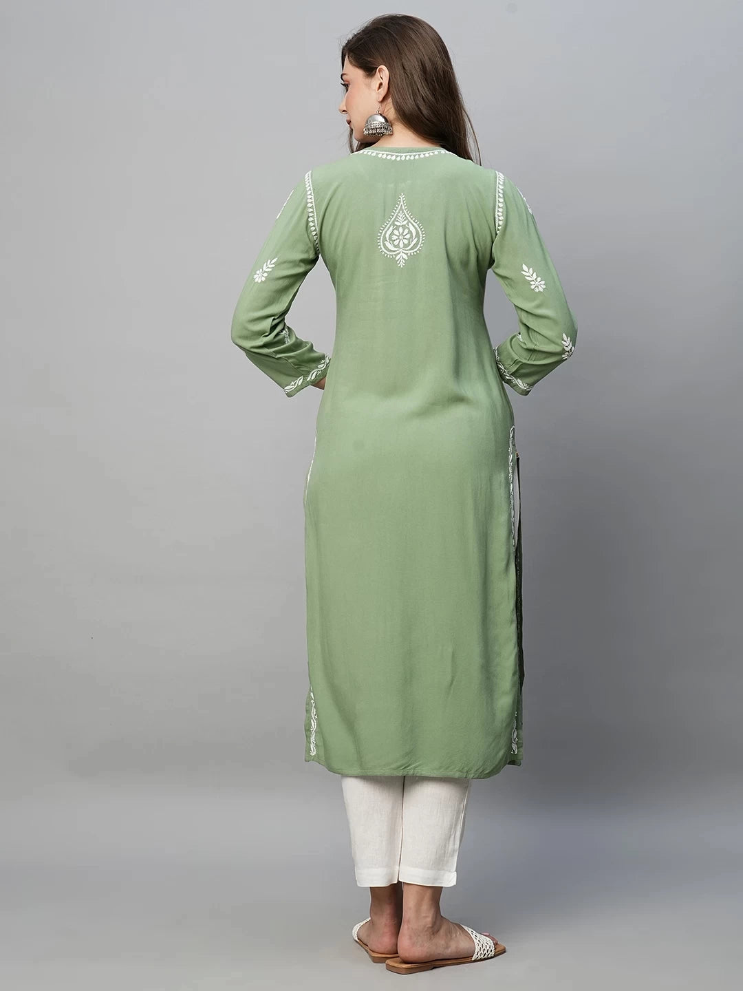 Ada Hand Embroidered Sage Green Rayon Lucknowi Chikankari Straight Kurta A411487