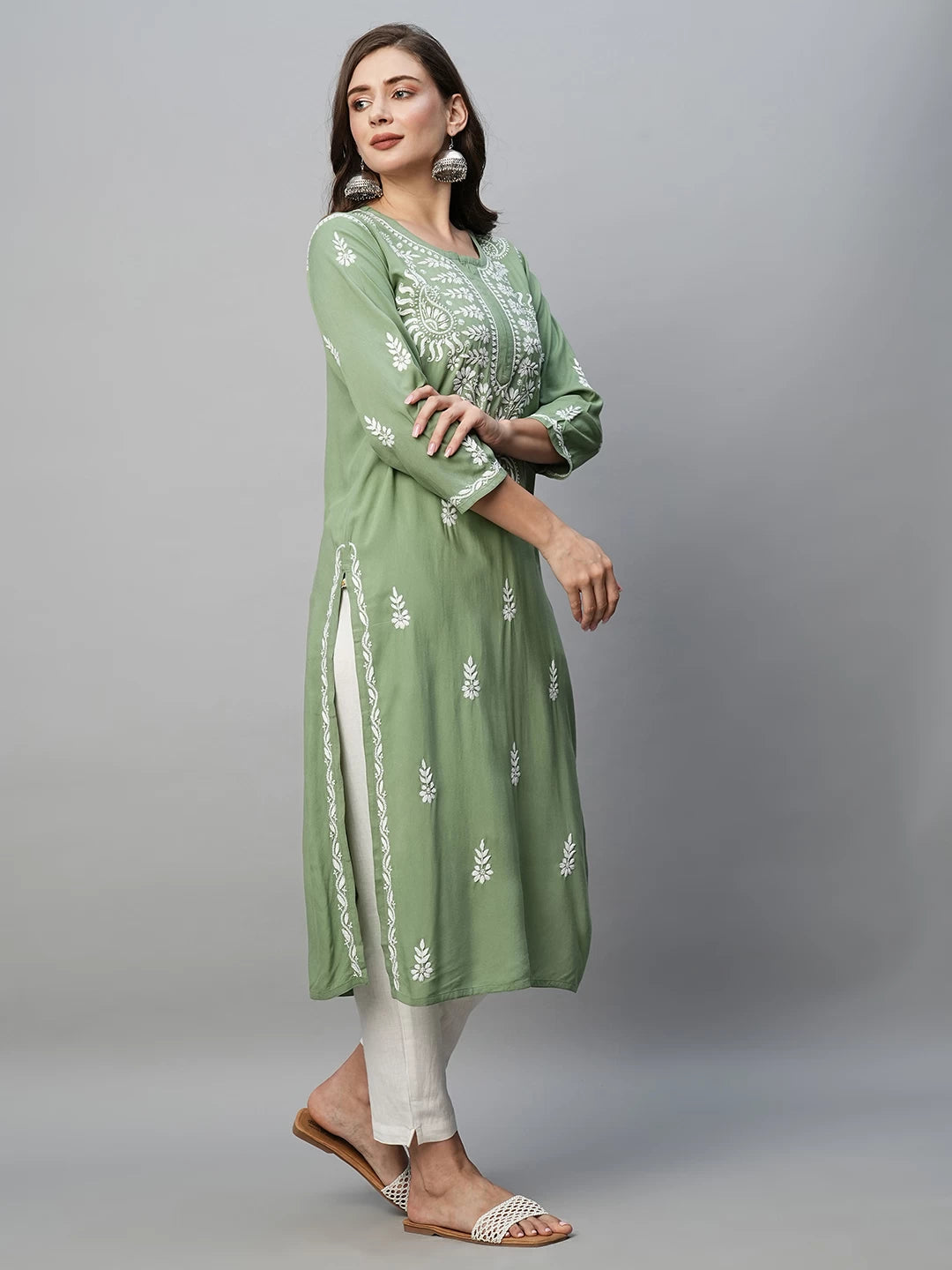 Ada Hand Embroidered Sage Green Rayon Lucknowi Chikankari Straight Kurta A411487